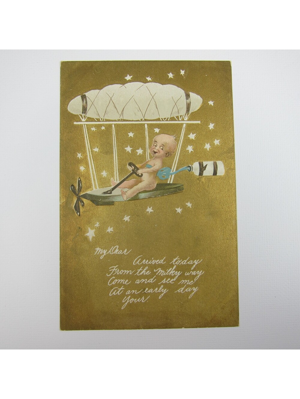 Postcard Birth Announcement Baby Flying Airship in Stars Gold Antique UNPOSTED